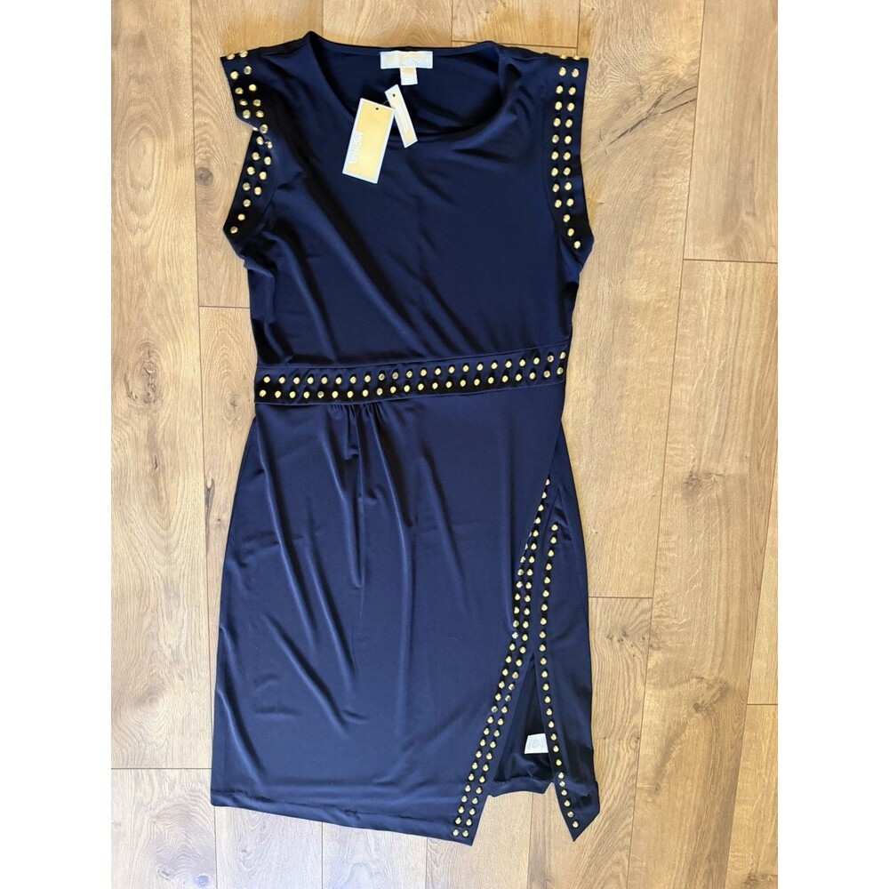 NWT Michael Kors Astor Studded Side Slit Sleeveless Midi Dress Black Size Large